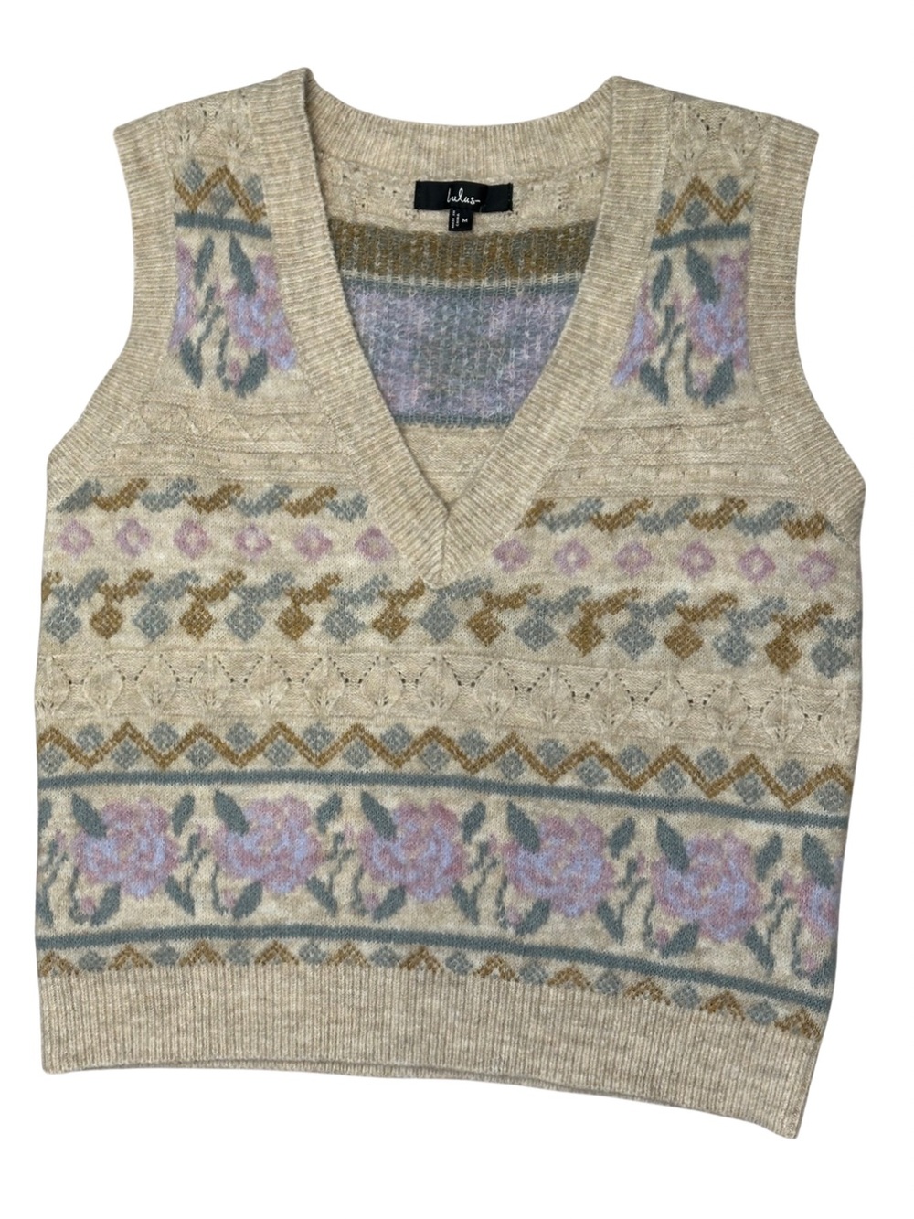 Lulus Floral Fair Isle Sweater Vest Women M Cream Cottagecore Boho Soft Knit - Picture 2 of 10